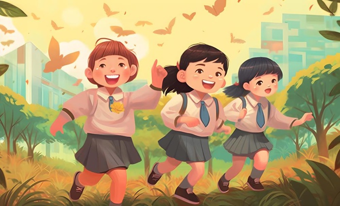 孩子们放学回家落叶欢乐卡通插画背景(3600x2193)