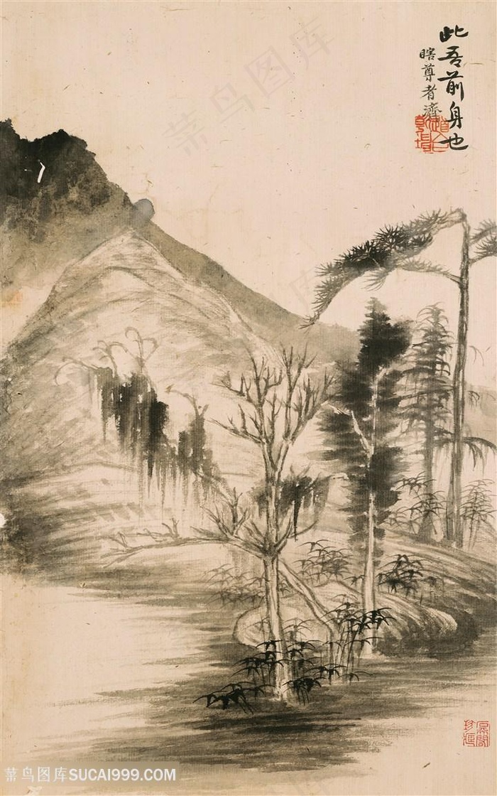 清代画家石涛山水花卉图溪水老树国画图片