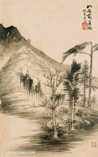 清代画家石涛山水花卉图溪水老树国画图片