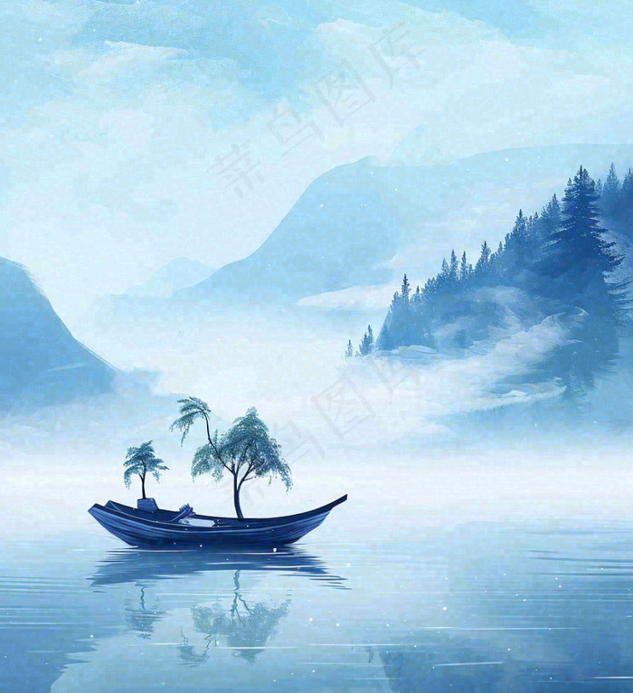 中国风意境湖面山脉云层山水画插画(1024x1120)