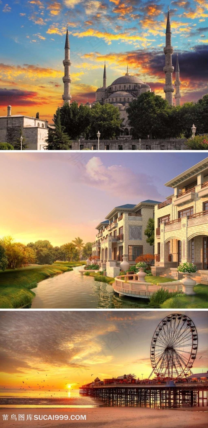 城堡别墅摩天轮晚霞摄影素材