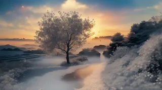 大气写意色块风景插画壁纸背景-晚霞下的冰原与银树