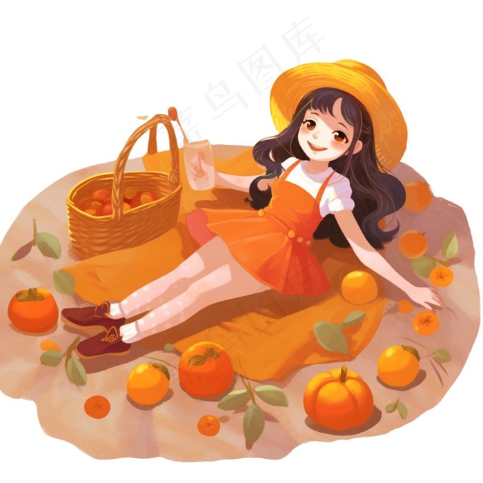 秋日野餐户外活动少女欢乐橙色卡通插画免抠(1024x1024)