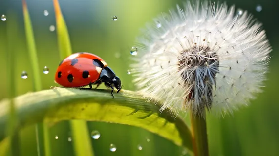 清晨瓢虫蒲公英嫩草叶上露珠摄影图