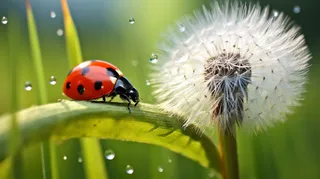 清晨瓢虫蒲公英嫩草叶上露珠摄影图