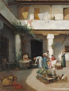 在院子里洗衣服油画风景画油画图片 在院子里洗衣服油画风景画油画图片