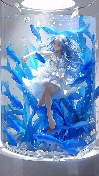 蓝色水面美人鱼，鱼类少女动漫漫画手绘插画