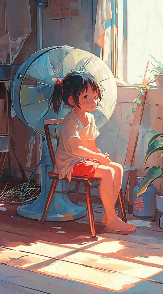夏天夏季居家儿童吹清凉风扇，夏至小暑大暑手绘插画(816x1472)