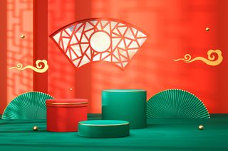 中国风古典喜庆C4D背景图3D国潮场景促销活动海报PSD设计素材模板