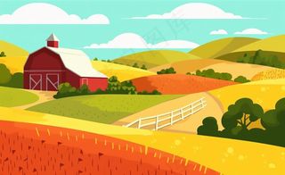 乡村村庄美丽风景河流插画农田插画背景