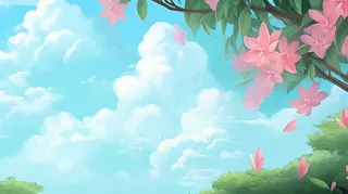 蓝天白云粉色花树花瓣卡通插画素材