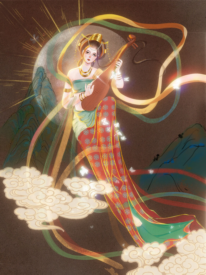 复古中国风国潮神话人物敦煌插画仙女手绘海报背景PSD设计素材