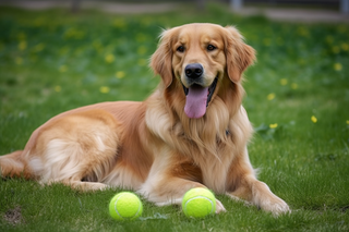 金毛宠物狗在草坪玩球开心摄影图