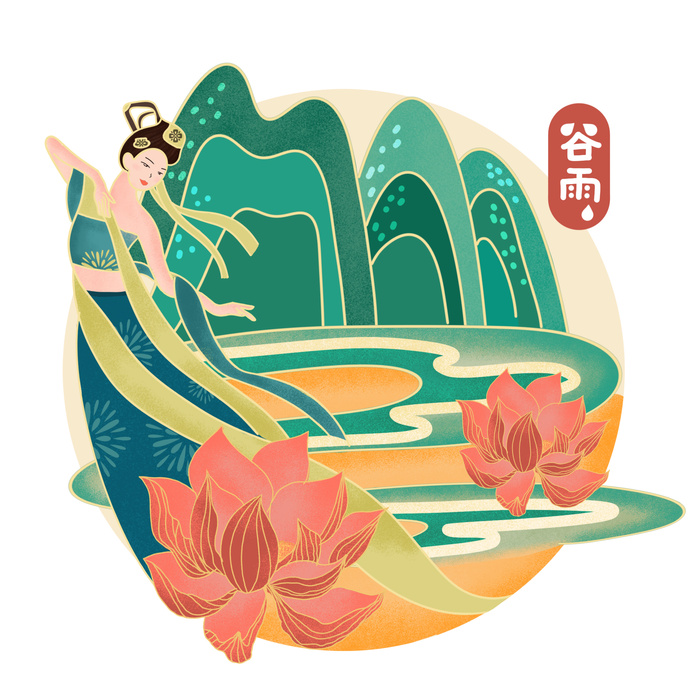 二十四节气谷雨国潮场景插画psd模版下载
