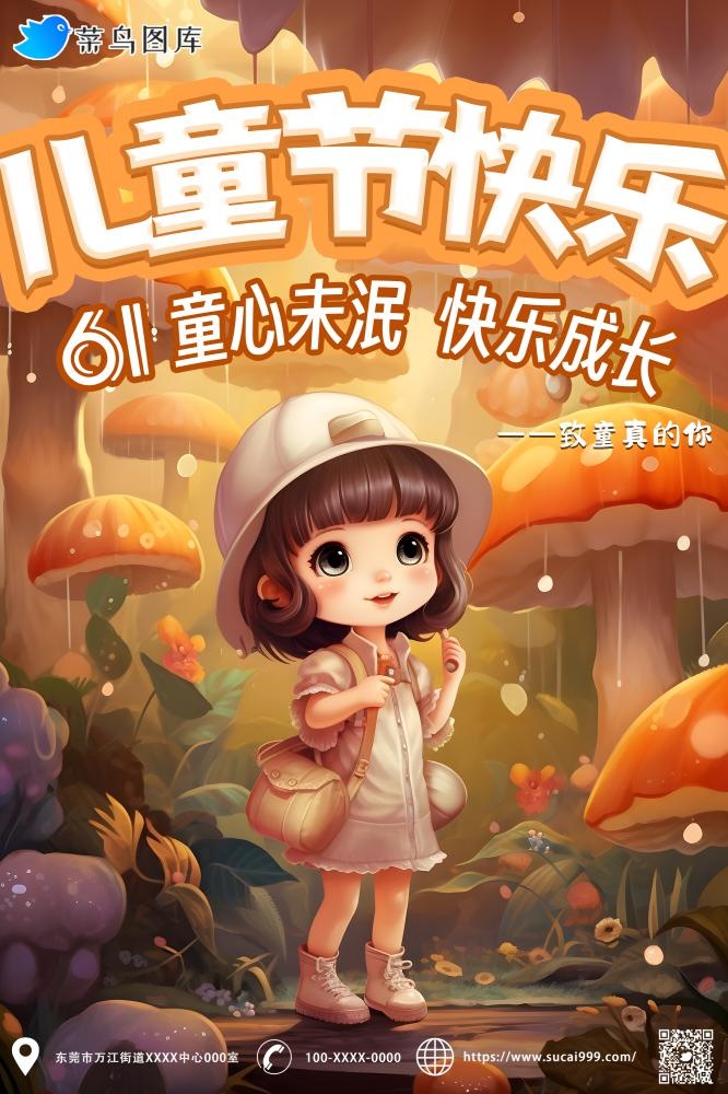 儿童节黄色橘色蘑菇小女孩海报(2000x3000)psd模版下载