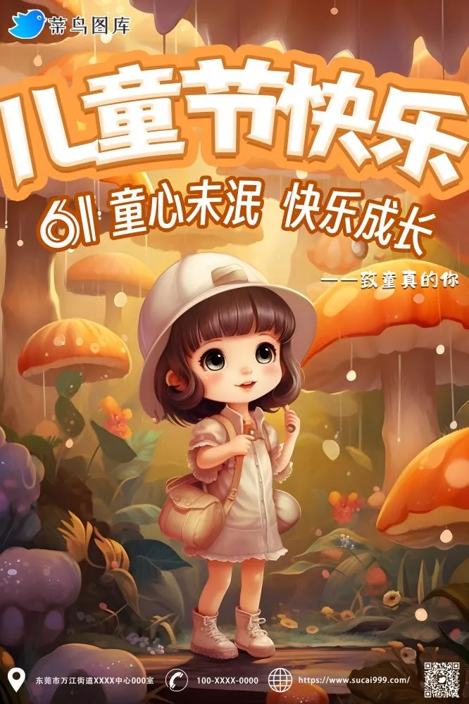 儿童节黄色橘色蘑菇小女孩海报(2000x3000)psd模版下载