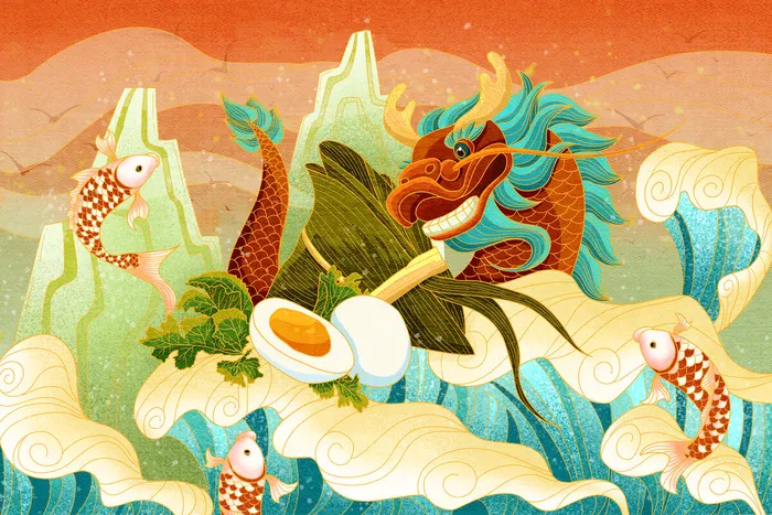 国潮风中国传统节日端午节赛龙舟粽子场景插画海报PSD设计素材psd模版下载