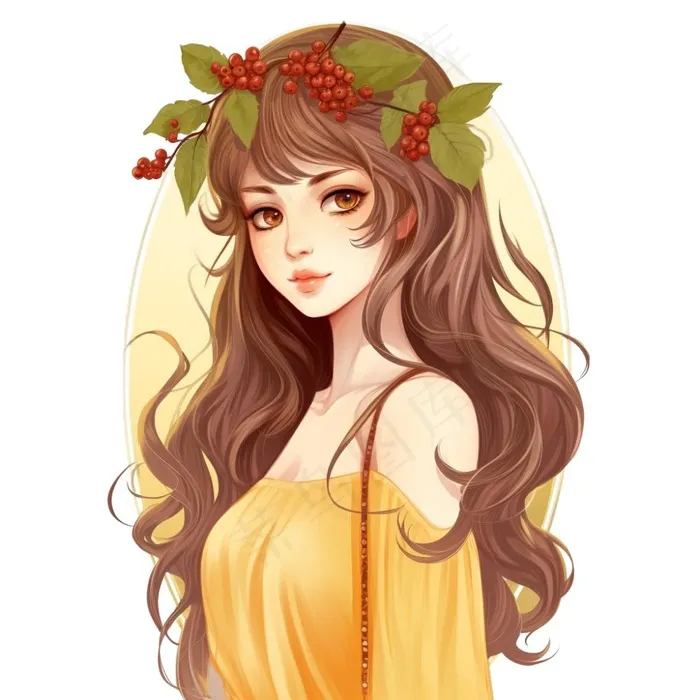长头发少女头戴花环穿黄裙子插画 免抠(1024x1024)