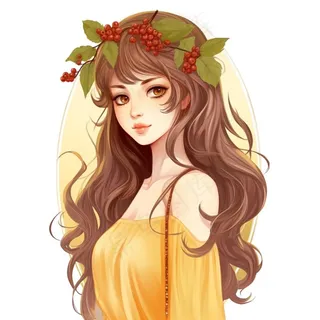 长头发少女头戴花环穿黄裙子插画 免抠