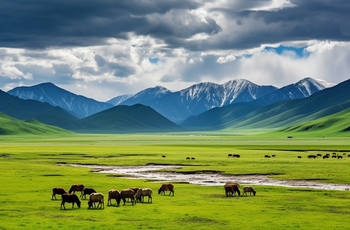 一群牛在郁郁葱葱的绿色田野上吃草非常美丽的风景摄影图(4080x2688)