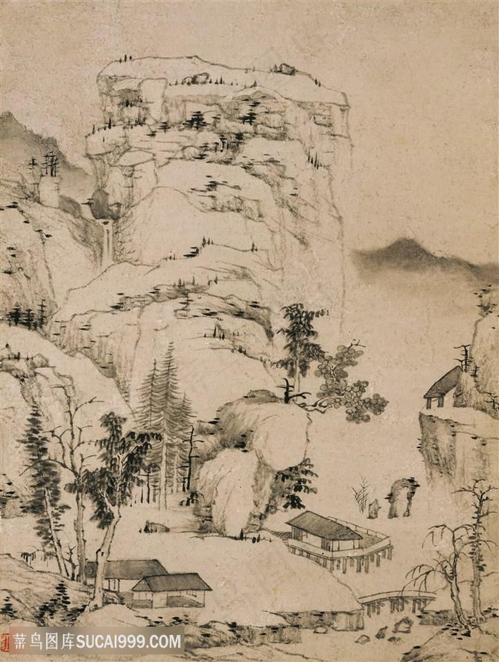 清代弘仁山水图悬崖下的小屋国画图片