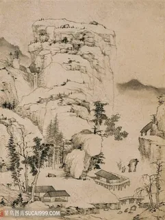 清代弘仁山水图悬崖下的小屋国画图片 清代弘仁山水图悬崖下的小屋国画图片
