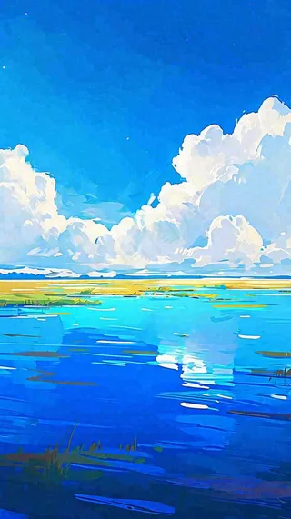 大自然湖面小溪草坪村庄蓝天白云，春天清新阳光