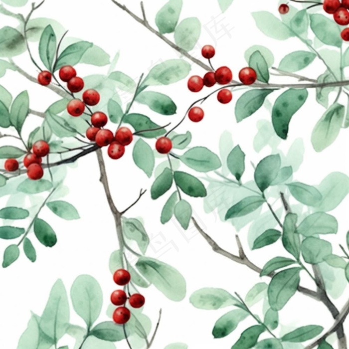 树枝上的红色果实小清新植物水墨画插画素材(1024x1024)