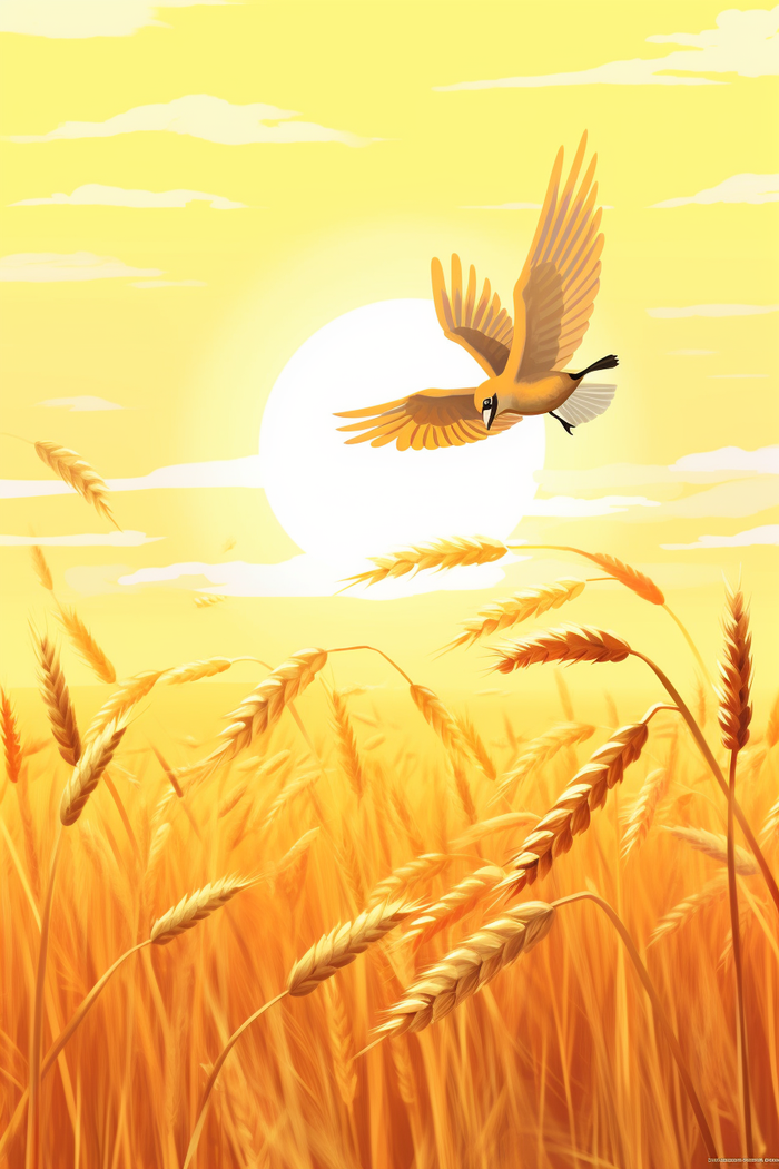 秋天夕阳金色麦田里小鸟飞过卡通插画(x)