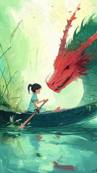 古风河面龙传统手绘插画，中国风漫画