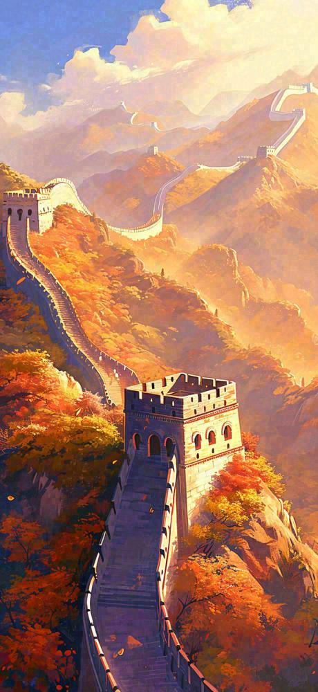中国风万里长城落日阳光雄伟建筑手绘插画(736x1600)
