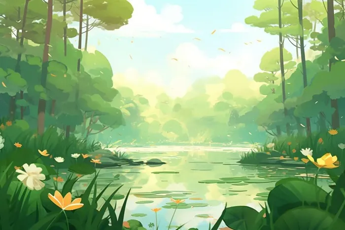 绿色荷花池温馨插画背景(1344x896)