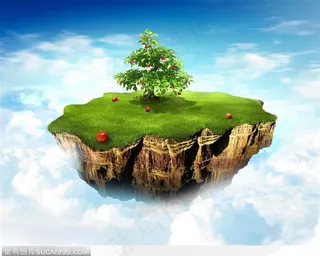 地球村 -漂浮的小块绿色陆地和苹果树
