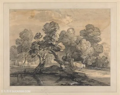 庚斯博罗油画素描树木湖畔美景装饰画