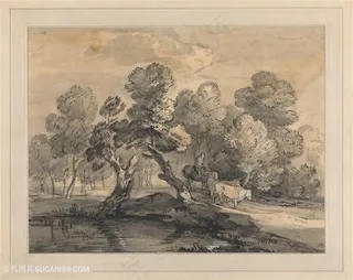 庚斯博罗油画素描树木湖畔美景装饰画