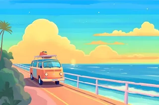 开车旅行海边公路天空云朵插画背景