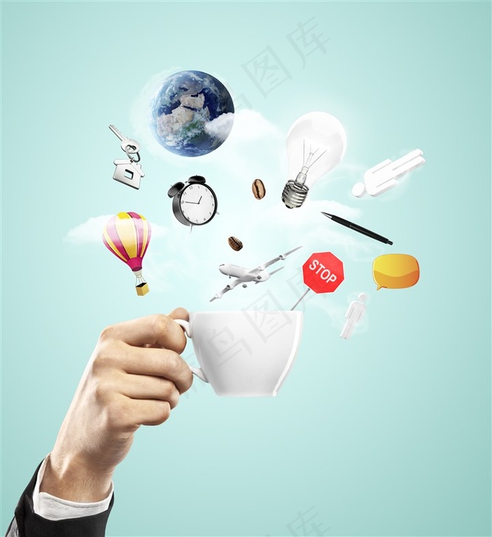 端起的咖啡杯接住各种物品创意图片