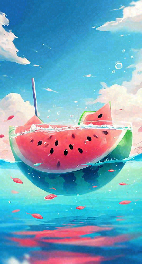 夏天海洋海面水面西瓜水果冰霜清凉，夏至小暑(800x1488)