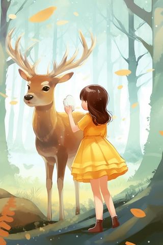 清新简约女孩与鹿森林插画背景