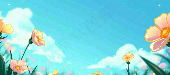 春日草地鲜花清新郊外草坪蓝天白云，春分(1632x720)
