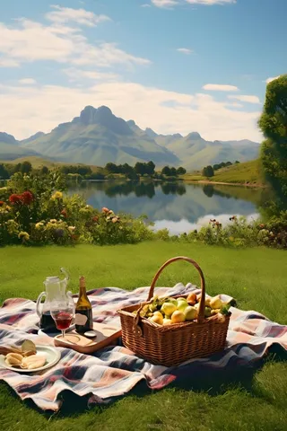 草地野餐郊外篮子山脉背景