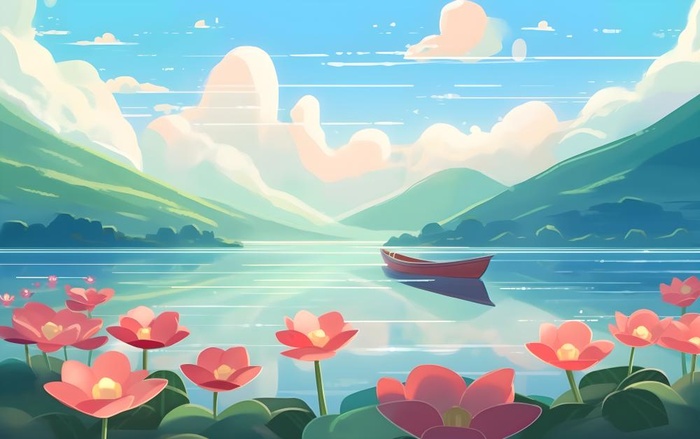 湖中泛舟山森林绿叶花风景插画海报素材背景(5504x3456)