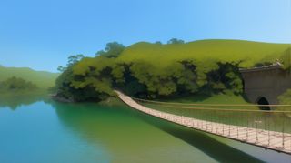 大气写意色块风景插画壁纸背景-通往神秘绿色岛屿的桥梁