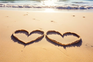 海边沙滩上的两个爱心摄影图