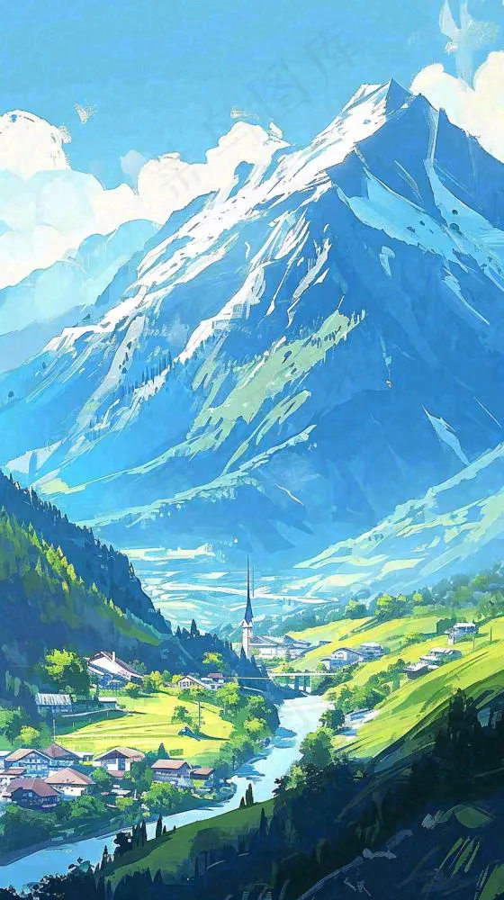 蓝天白云连绵山脉小溪河流小屋，阳光晴天(816x1456)