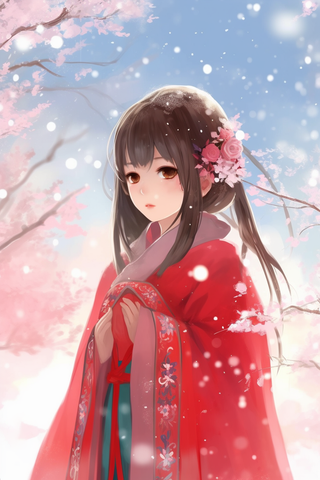 冬日古风穿红色披风的女孩赏雪景卡通插画背景