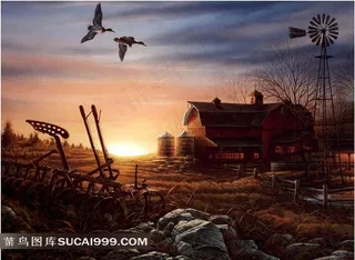 胡安米罗风景油画-郊外村庄