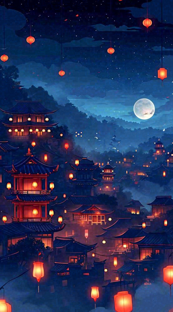 夜晚夜景月亮国风建筑灯笼星空浪漫，恐怖悬疑