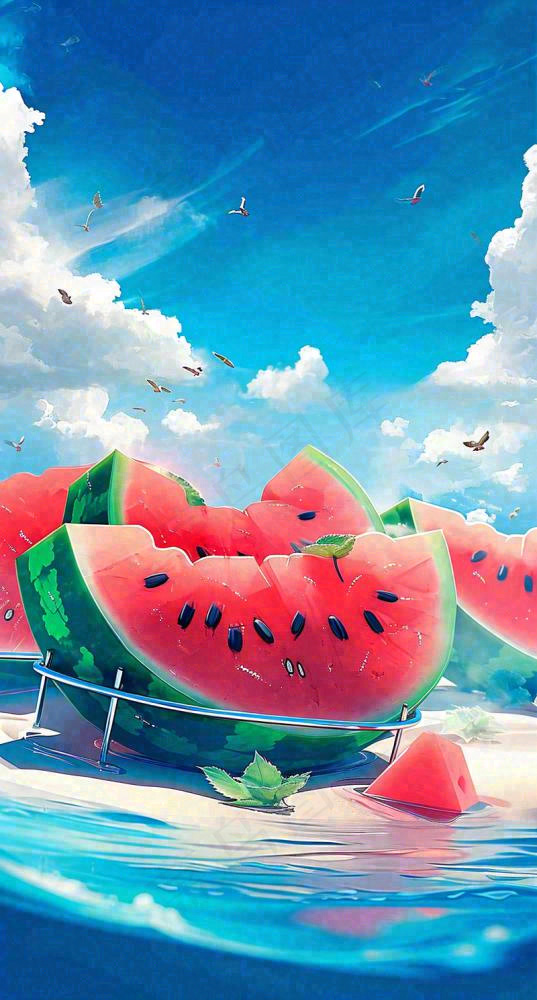 夏天海洋海面水面西瓜水果冰霜清凉，夏至小暑(800x1488)