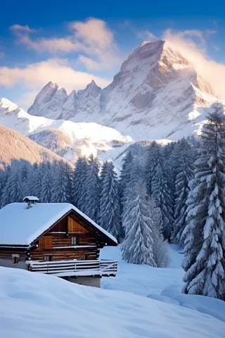 雪山风光小木屋雪景摄影图